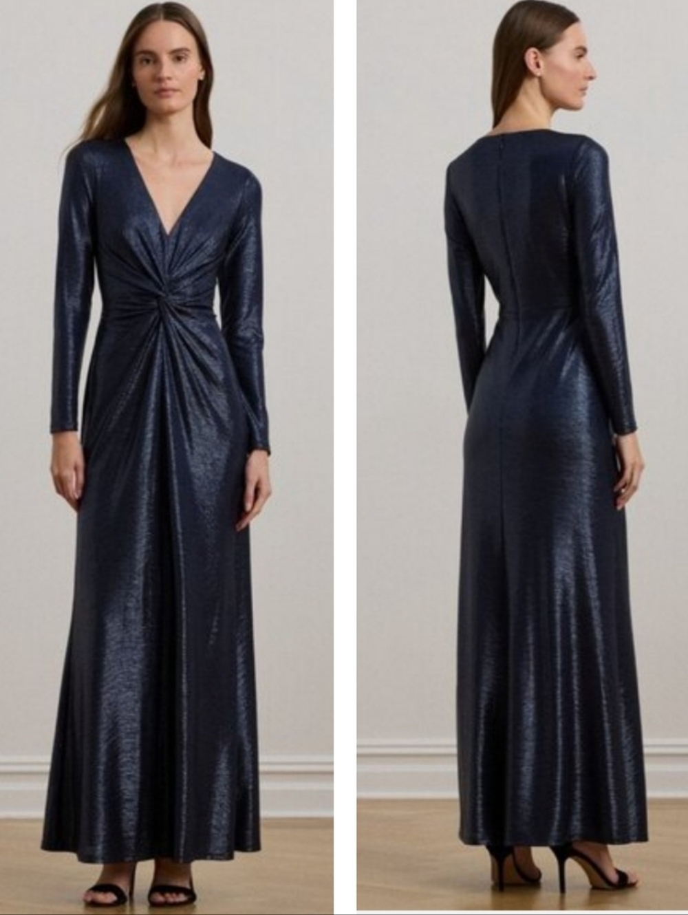 Lauren Ralph Lauren Metallic Knit Twist-Front Gown Dress Navy Blue Size 16